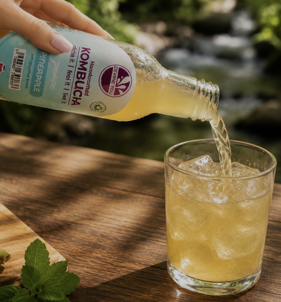Kombucha being poured into a glass with ice